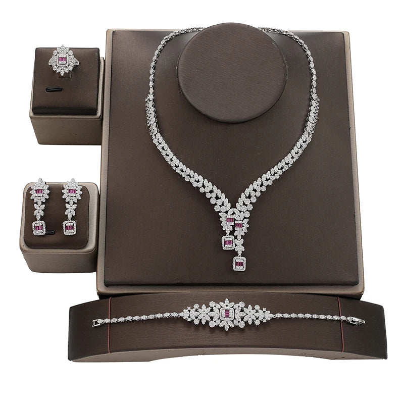 4 Pieces Flower Drop Big Cubic Zircon Dubai Woman Party Costume Jewelry Sets for Brides Wedding Luxury CN3394
