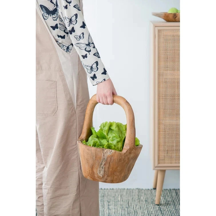 Natural Edge Polished Rustic Pine Root Wood Eco-Friendly Serving Bowl Basket with Handle for Fruit Dining Living Room Furniture