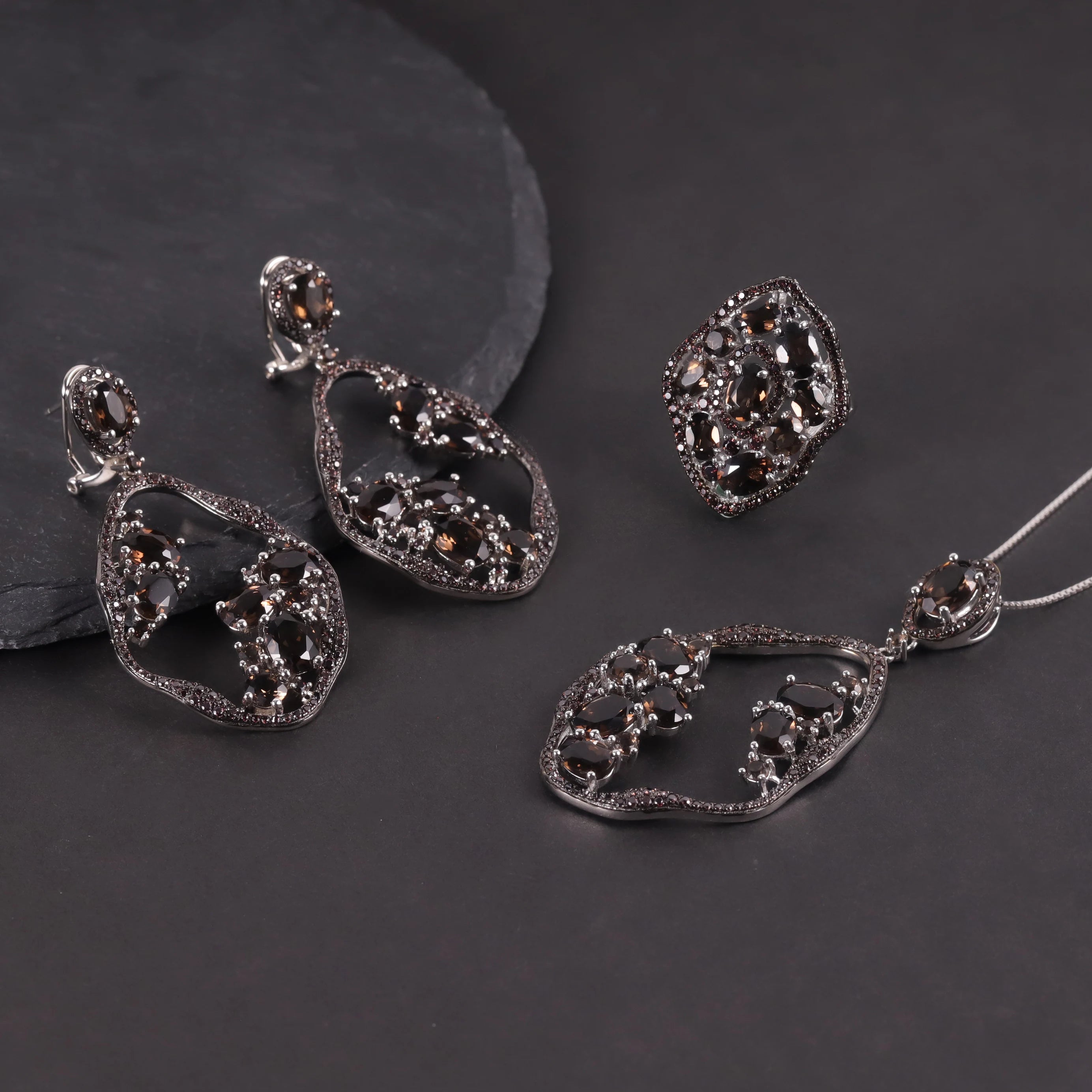 W0462 Trusted Supplier Natural Smoky Quartz Rhodium Plated 925 Silver Jewelry Sets Dark Color Gems Glamorous Jewelry Sets