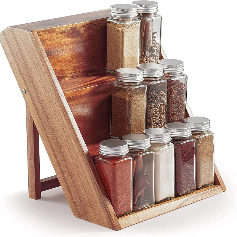 Acacia Wood Flavor Rack 3 Layers Stackable Home Kitchen Seasoning Spice Shelf Step Drawer Storage Rack
