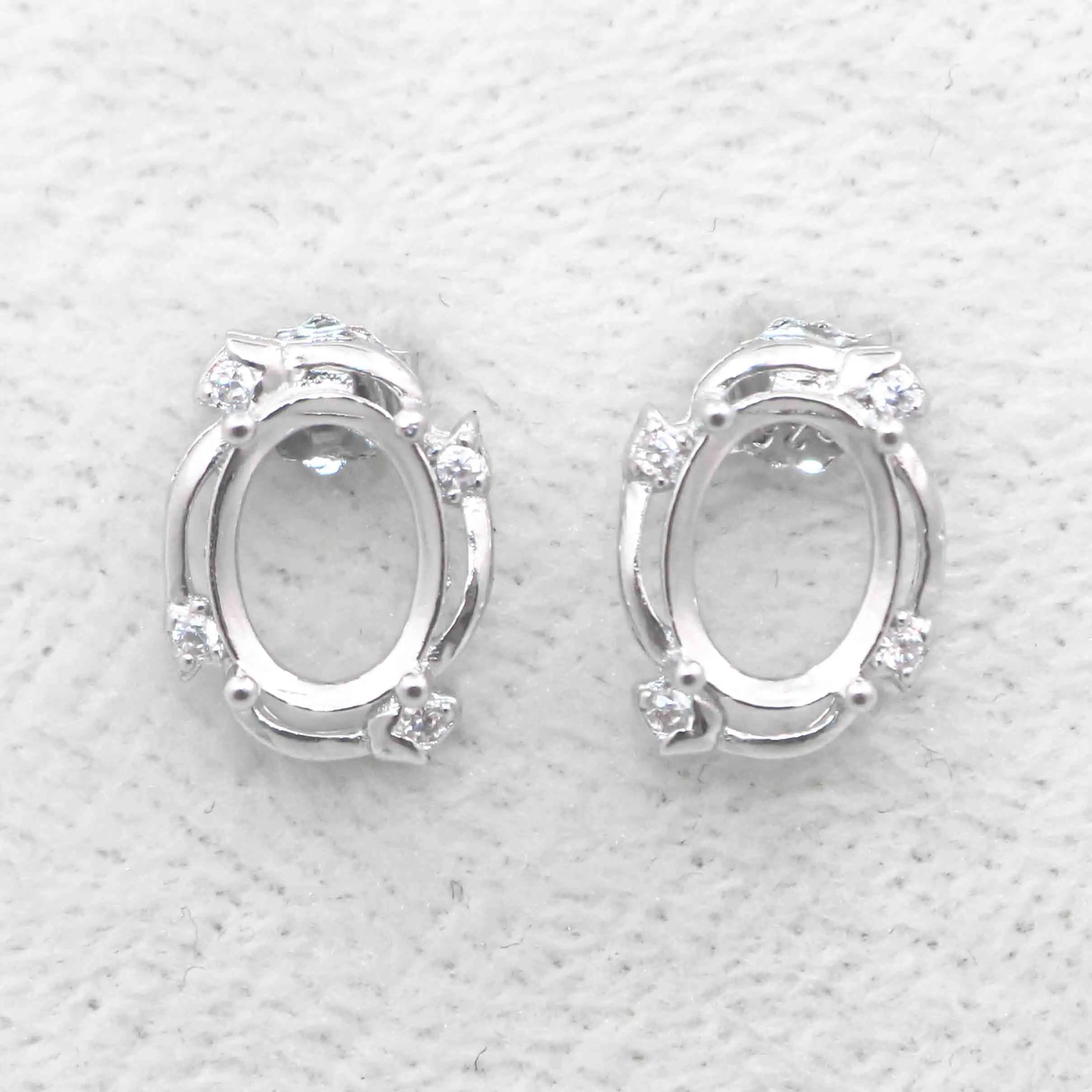 Sterling Silver 6*8mm Semi Mount Stud Earrings Empty Support Blank Claws Setting S925 Base Without Center Stone for DIY Inlay