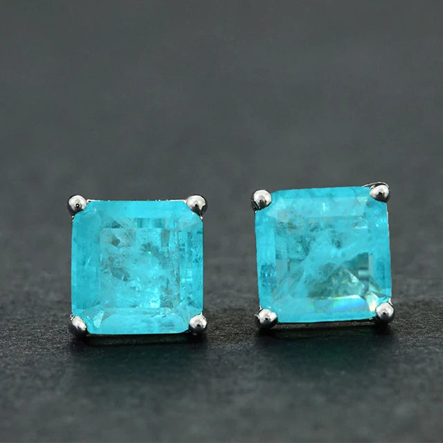 925 Sterling Silver 4 Prongs Setting Tourmaline Earrings Inspired 2ct Synthetic Paraiba Stud Earrings Gemstone Jewelry for Women