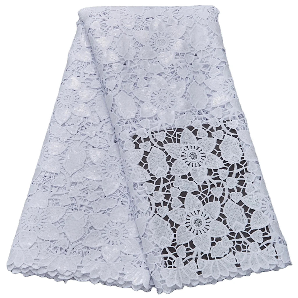2820 Latest French Water Soluble Guipure Lace Eco-Friendly White African Cord Lace for Nigerian Traditional Dresses Sequins