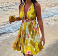 XS-L New Vacation Style Open Back Hanging Neck Short Printed Dress Pleated Dress