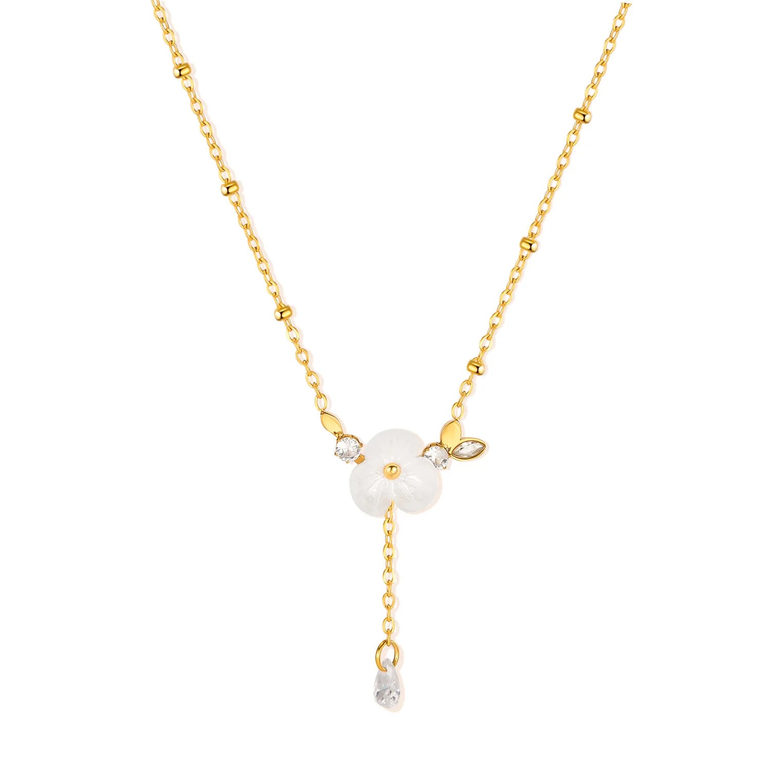 Chic Elegant Women's Stainless Steel Fashion Jewelry Set Artificial Shell Flower Chain Zircon Pendant Necklace Bracelet Delicate