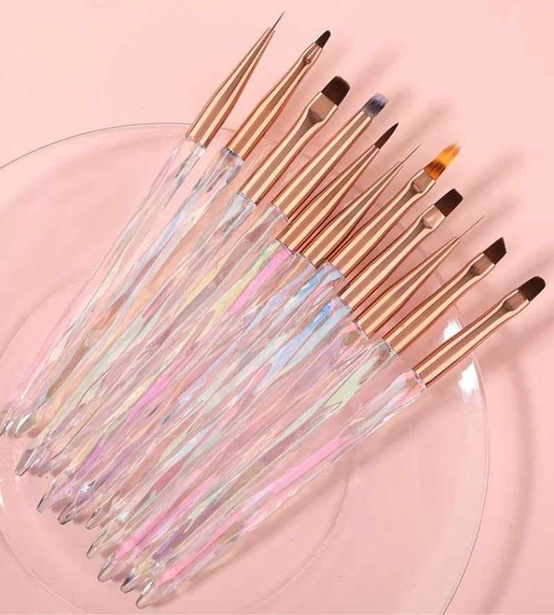 Custom Logo Low MOQ Gel Nail Brush 11Pcs Acrylic Crystal Handle Nail Sculpting Art Brush Set for Salon DIY Manicure Brush Pen