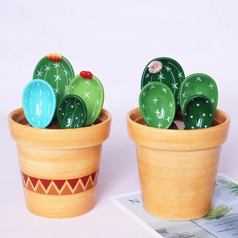 4pcs Porcelain Measuring Spoons with Base Cactus Ceramic Measuring Spoon Set Cute Kitchen Tool