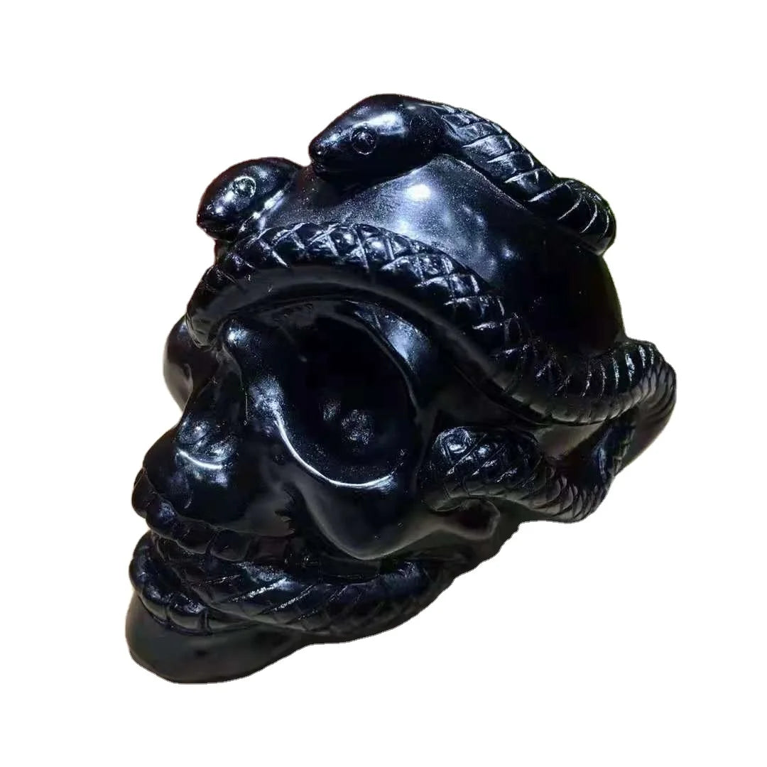 Factory Price Wholesale Healing Stone Snake Crystal Black Obsidian Skulls With Snake for Fengshui Home Decoration