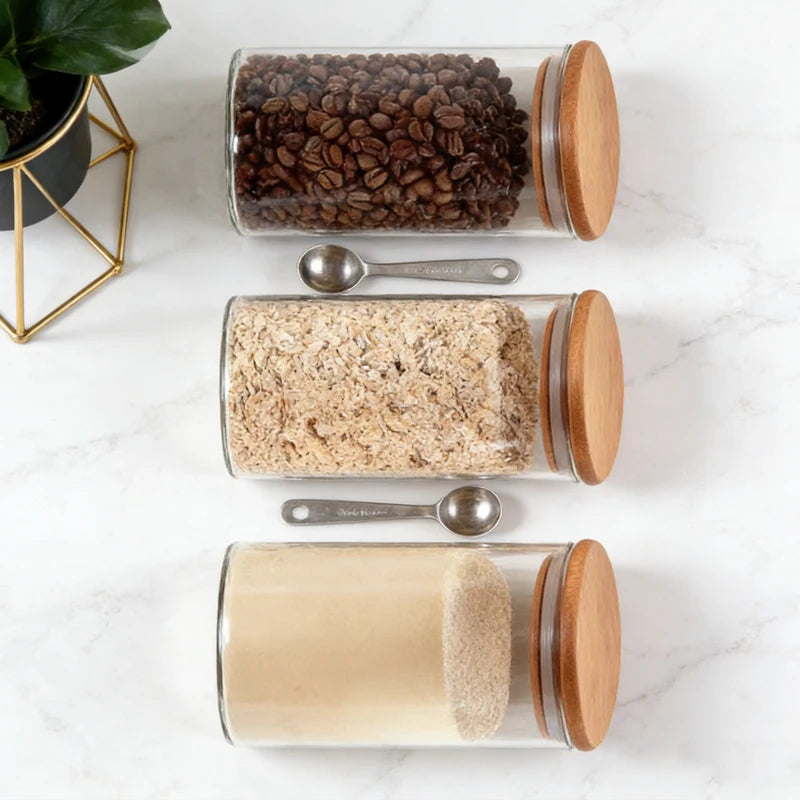 Eco Friendly Sealed Clear Glass Storage Jar with Natural Bamboo Lid for Sugar Coffee Tea Food Packaging