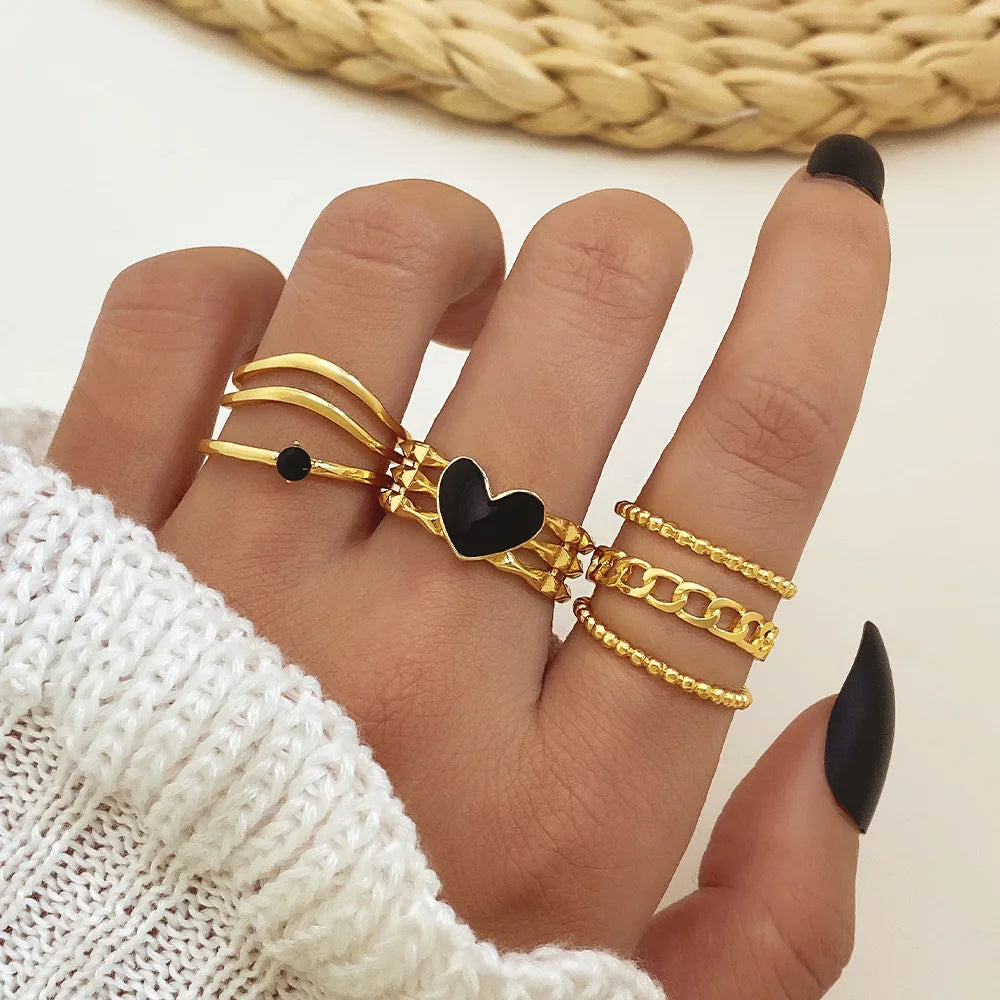 7pcs/set European And American Y2K Retro Black Gemstone Open Ring Set Hollow Heart Knuckle Joint Ring Set