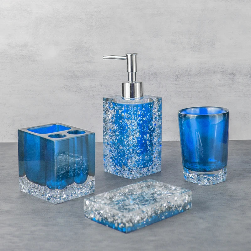 Blue Transparent Bathroom Decor Set for Home and Hotel Use Features Toothbrush Holder Soap Dispenser and Toilet Accessories