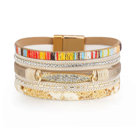 2024 Hot Selling Bohemian Multi-Layered Bracelet Bangle White Diamond Alloy Magnetic Clasp Leather Wide Bracelet for Women