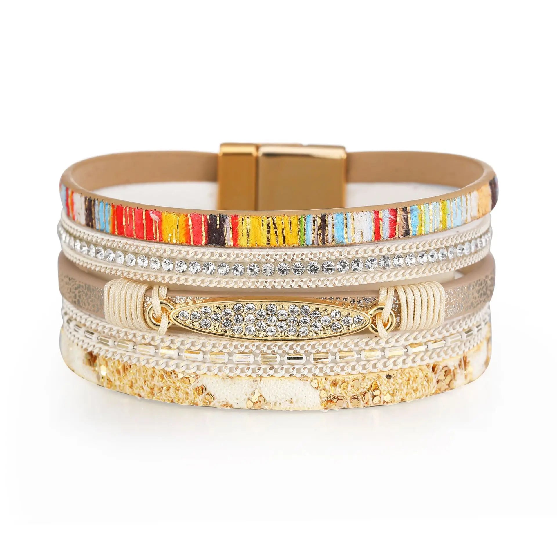 2024 Hot Selling Bohemian Multi-Layered Bracelet Bangle White Diamond Alloy Magnetic Clasp Leather Wide Bracelet for Women