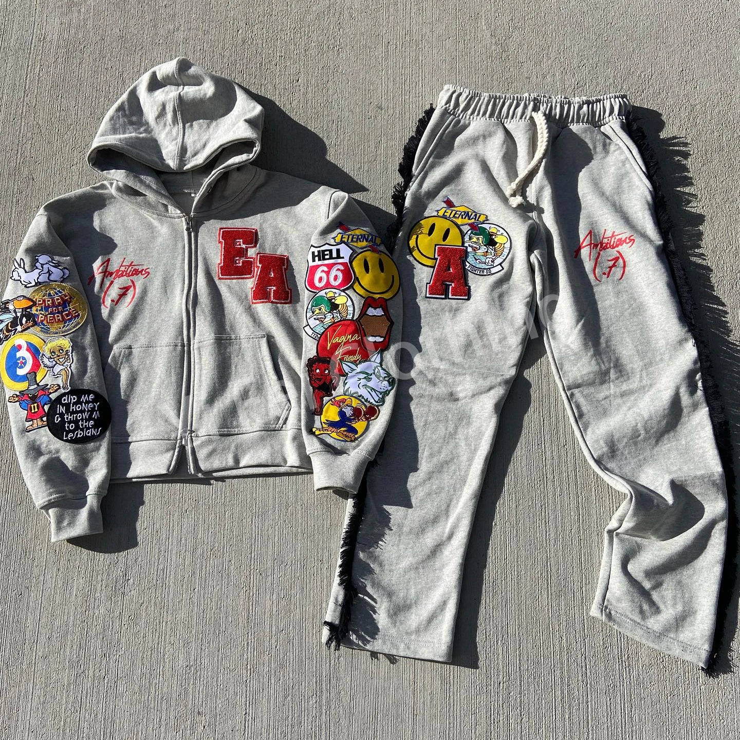 Custom Chenille Embroidery Logo Streetwear Cotton Oversized Hoodies Set Distressed Embroidery Zip up Men's Tracksuit