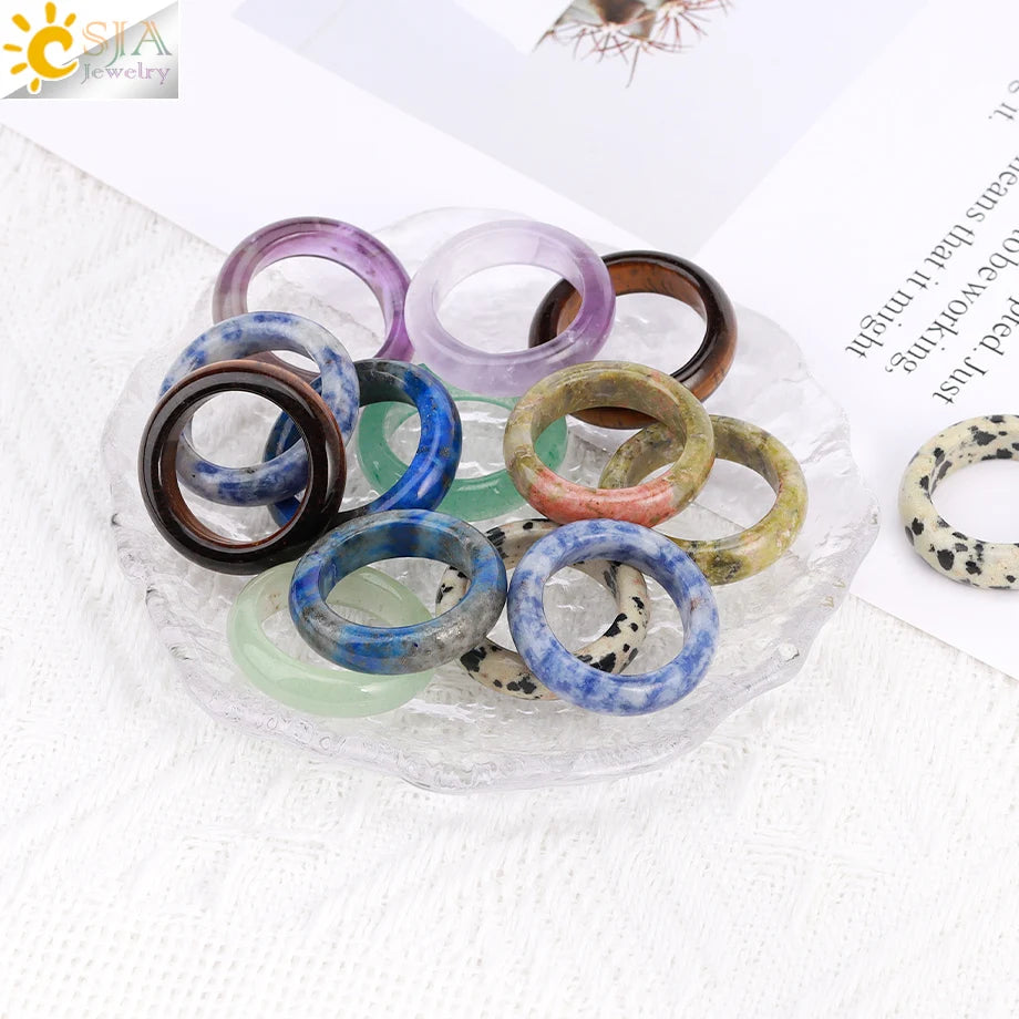CSJA Wholesale Reiki Healing Gemstone Ring Amethyst Rose Quartz Natural Crystal Stones Rings for Girl Boy Women Men H223
