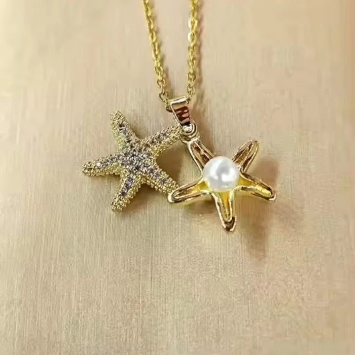 Hot Selling Women's Stainless Steel Necklace Starfish Pendant Electroplated 18K Gold Pearl Pendant NecklaceDelicate Girl Gift