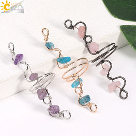 CSJA Wholesale Natural Stone Wire Wrapped Chip Bead Pink Quartz Finger Rings Reiki Healing 7 Chakra Crystal Ring Jewelry H331