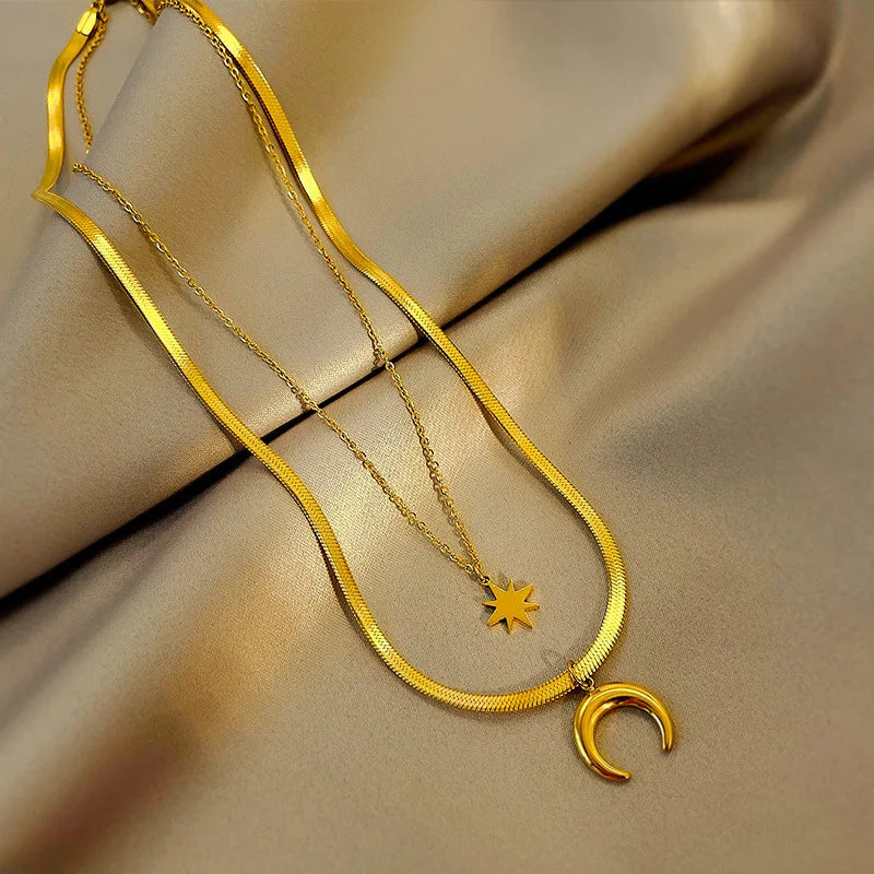 Women's Trendy Double Layer Star Moon Pendant Necklace with Snake Bone Chain Gold Plated Stainless Steel for Parties