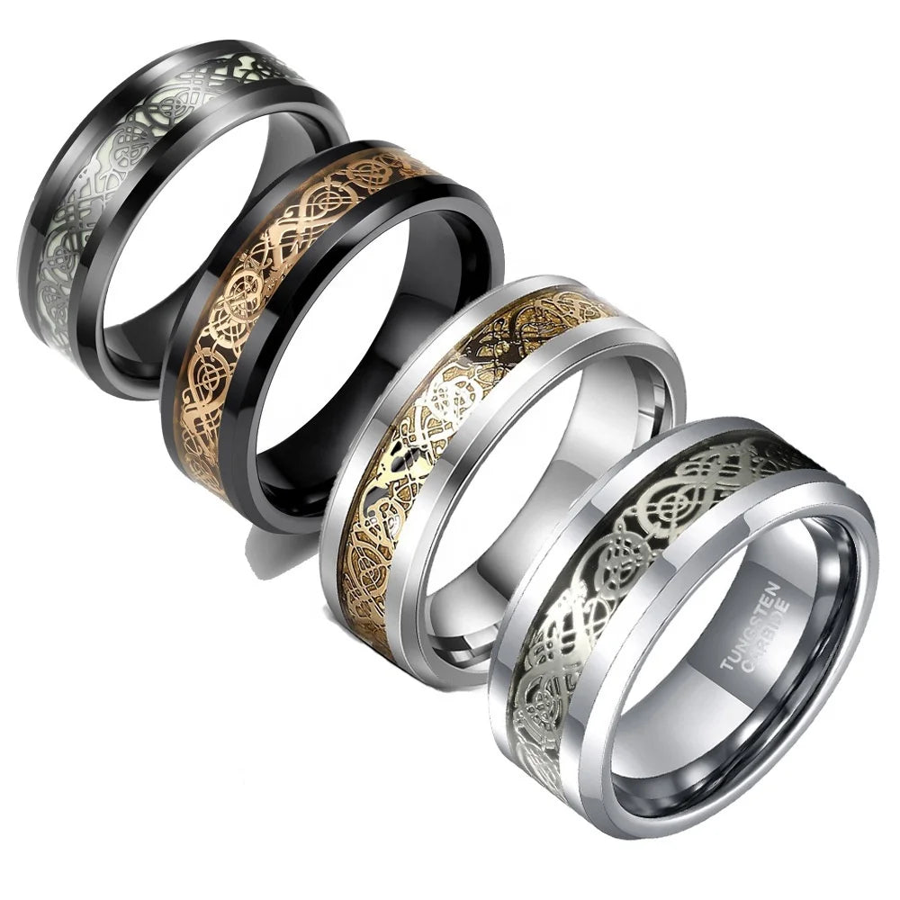POYA Wholesale Classic 6mm 8mm Tungsten Carbide Celtic Dragon Inlay Ring Men Black Wedding Band