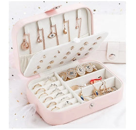 High-End Portable Leather Jewelry Travel Case Rectangle Zipper Organizer Box for Necklaces Bracelets Rings Earrings-for Girls