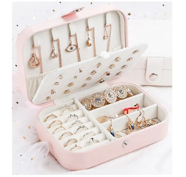 High-End Portable Leather Jewelry Travel Case Rectangle Zipper Organizer Box for Necklaces Bracelets Rings Earrings-for Girls