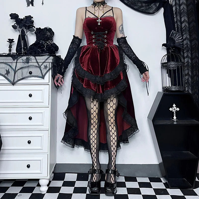 Grunge Gothic Women Dress Lace Trim High Waist Bodycon Mini Dress 2026 New E-girl Vintage Punk Harajuku Lolita Party Clothes