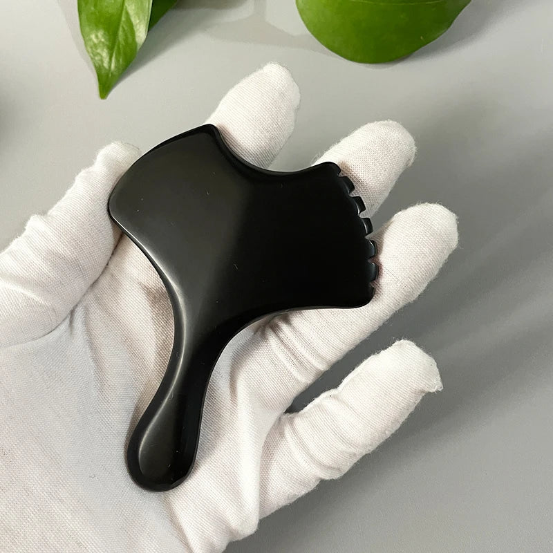 Customized Logo and Pouch Natural Bian Black Stone Gua Sha Jade Scraping Massage Tool Body GuaSha Stone Leaf Shape