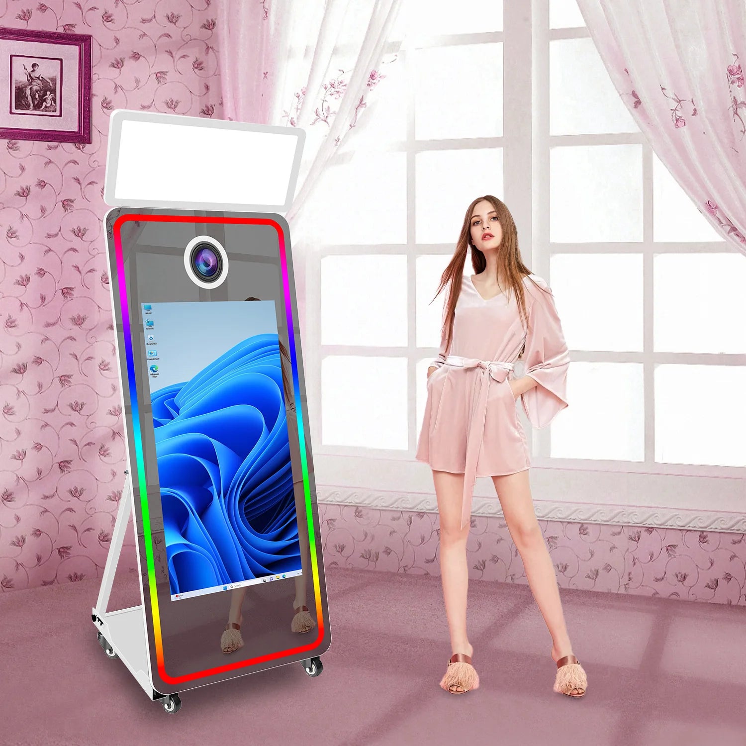 Four Light Options Mirror Photo Booth With Printer Stand Interactiv Selfie Magic Mirror Photobooth Machine for Events Party
