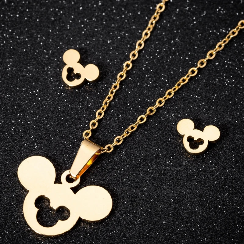 Wholesale Non Tarnish 18K Gold Silver Plated Stainless Steel Women Ladies Mickey Head Minnie Mouse Earring Necklace Jewelry Set