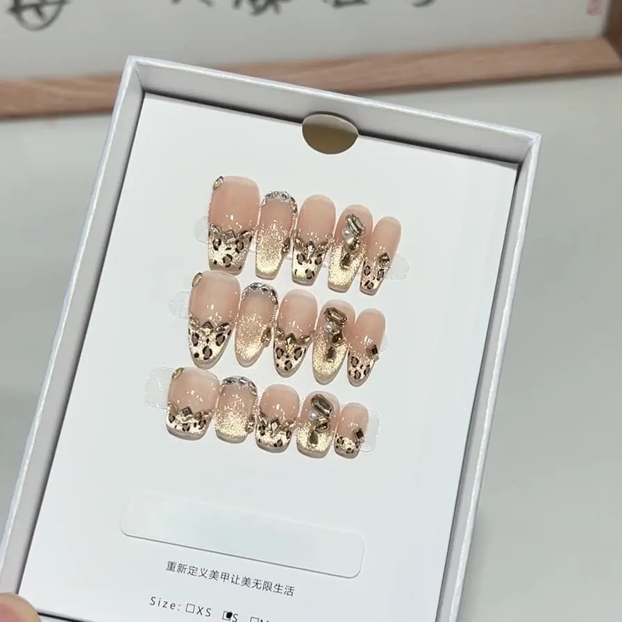100% Handmade Leopard Print Pearl Reusable Press-On Nails Almond Coffin Gold Nail Art Hand-Drawn Cat Eye Gel ABS False Finger