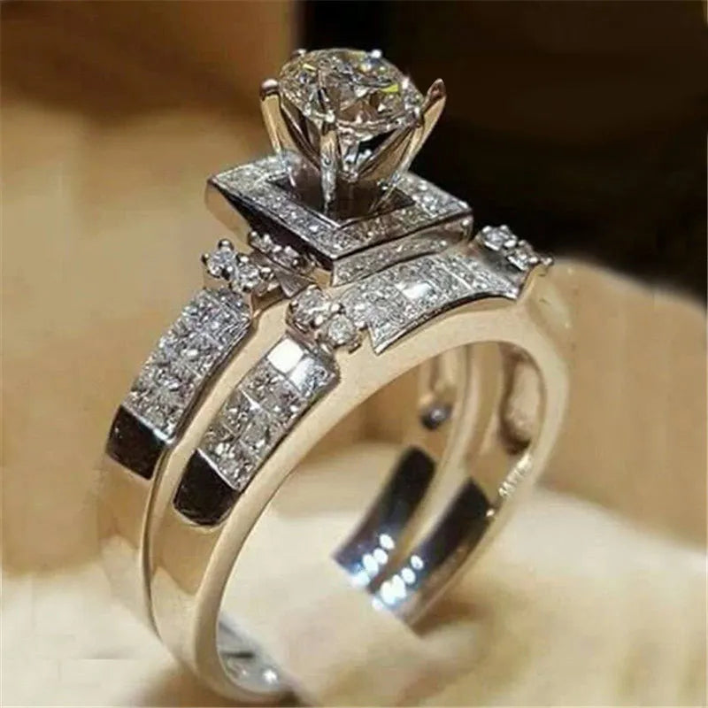 CAOSHI 2pcs/lot Engagement Cubic Zirconia Ring Ladies Lover Party Wedding Jewelry Luxury Silver Rings Set for Women