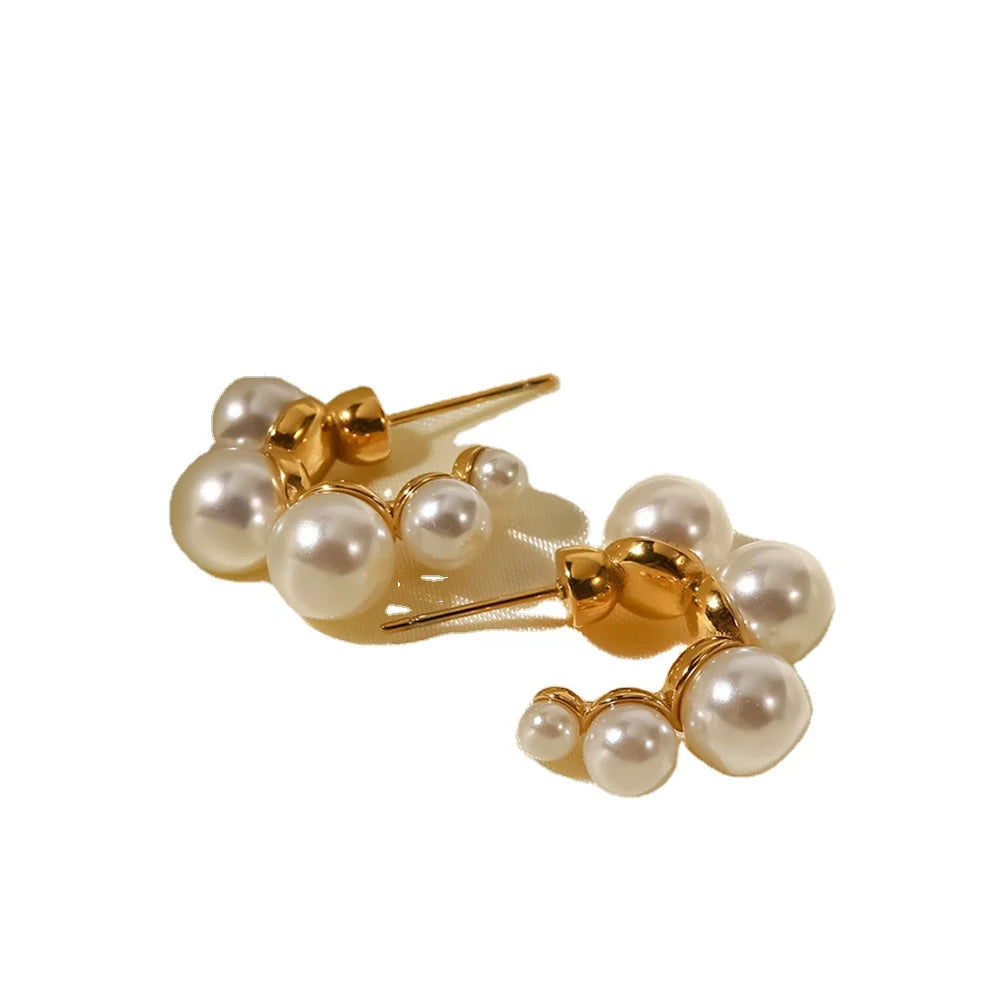 INS French New Arrival 18K Gold Plated Classic C Shaped Pearl Hoop Earrings Stainless Steel Unisex Jewelry