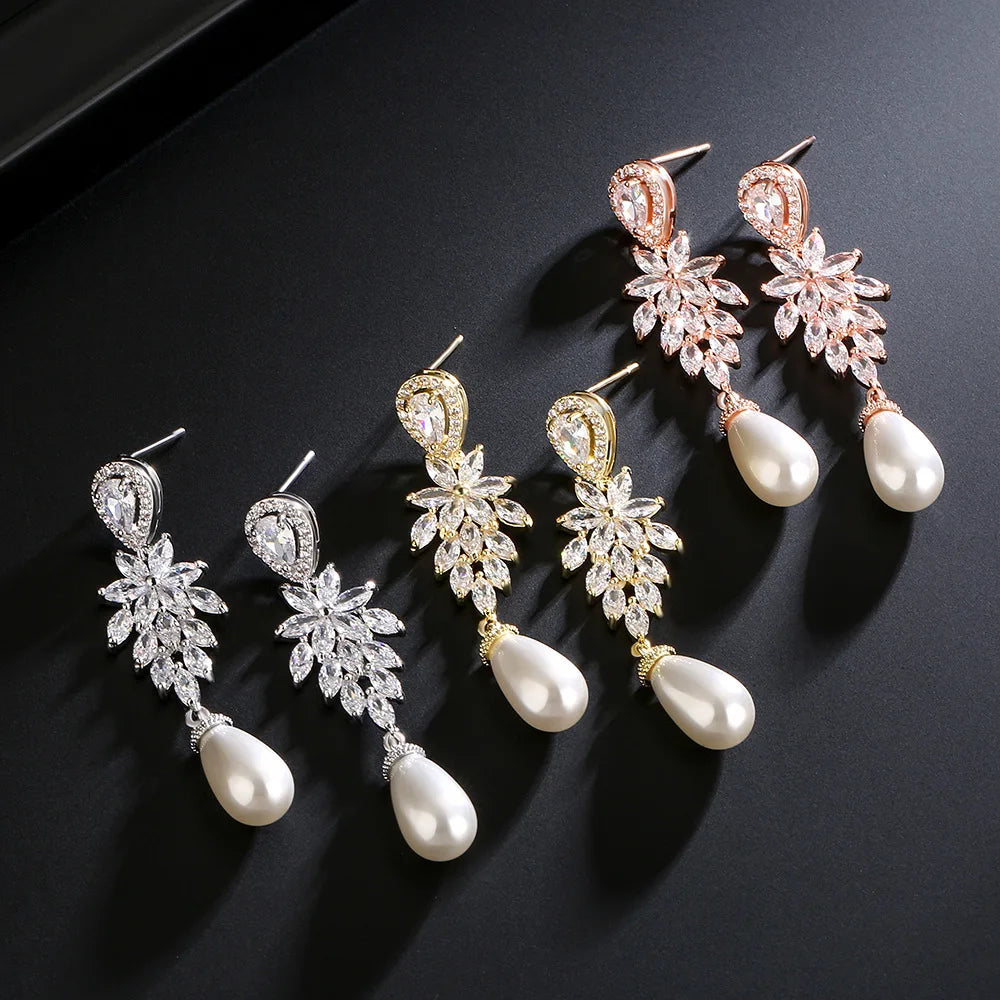 Miallo Fashion Korean Dangle Pearl Earrings Long Water Drop Zircon Earrings Bridal Jewelry Wholesale