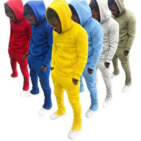 Custom Logo Embroidery Sweatsuit Cotton 2 Piece Set Joggers Suits Stacked Flared Sweatpants and Hoodie Set Tracksuit for Men