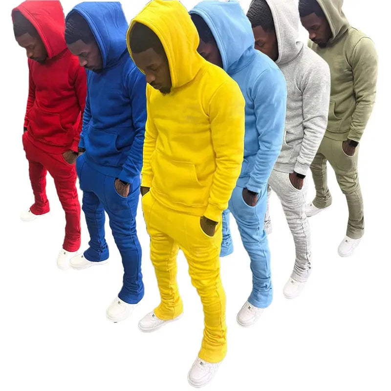 Custom Logo Embroidery Sweatsuit Cotton 2 Piece Set Joggers Suits Stacked Flared Sweatpants and Hoodie Set Tracksuit for Men