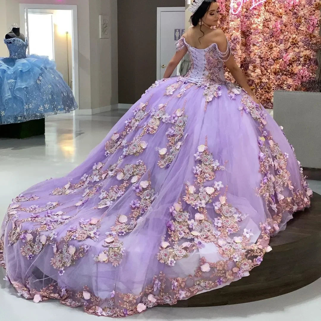Luxury Off Shoulder Lilac Beads Quinceanera Dresses Ball Gown Sweet 16 Year Princess Dresses 15 Years Vestidos MQ418