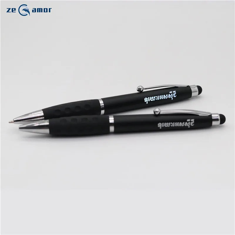 Zeamor Pluma Customized Light up logo 3 in 1 Muti-function Soft Holder Rubber Grip Black Stylus Led Pen