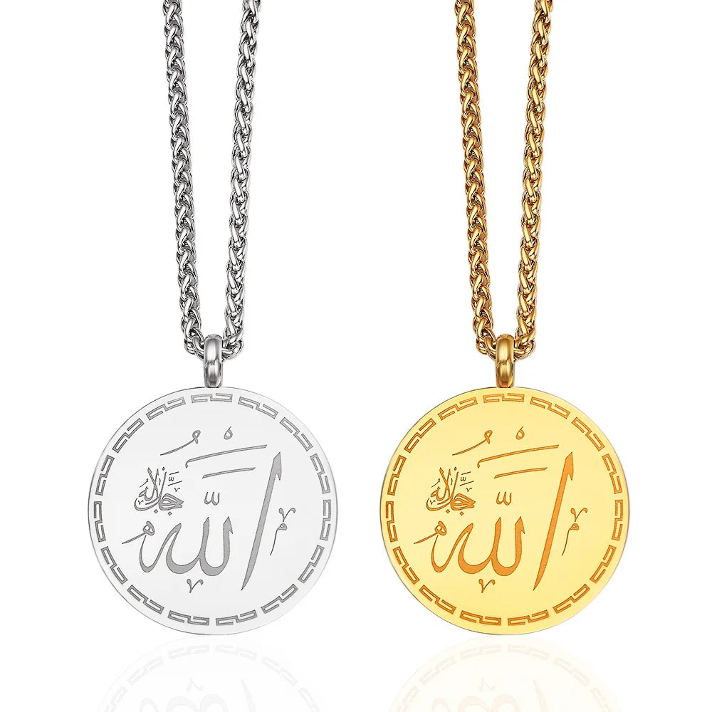 Religious Gold Plated Round Shape Islamic Style Allah Muslim Jewelry Islamic Stainless Steel Pendant Necklace