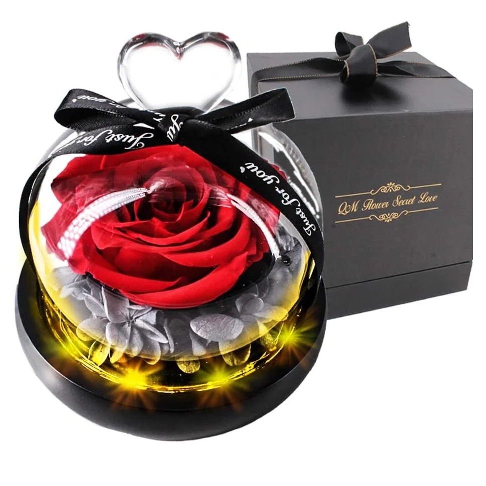 Preserved Roses Glitter Heart Shaped Preserved Roses Glass Dome Decorative Flowers Clear Glass Dome Rose in Glass Dome