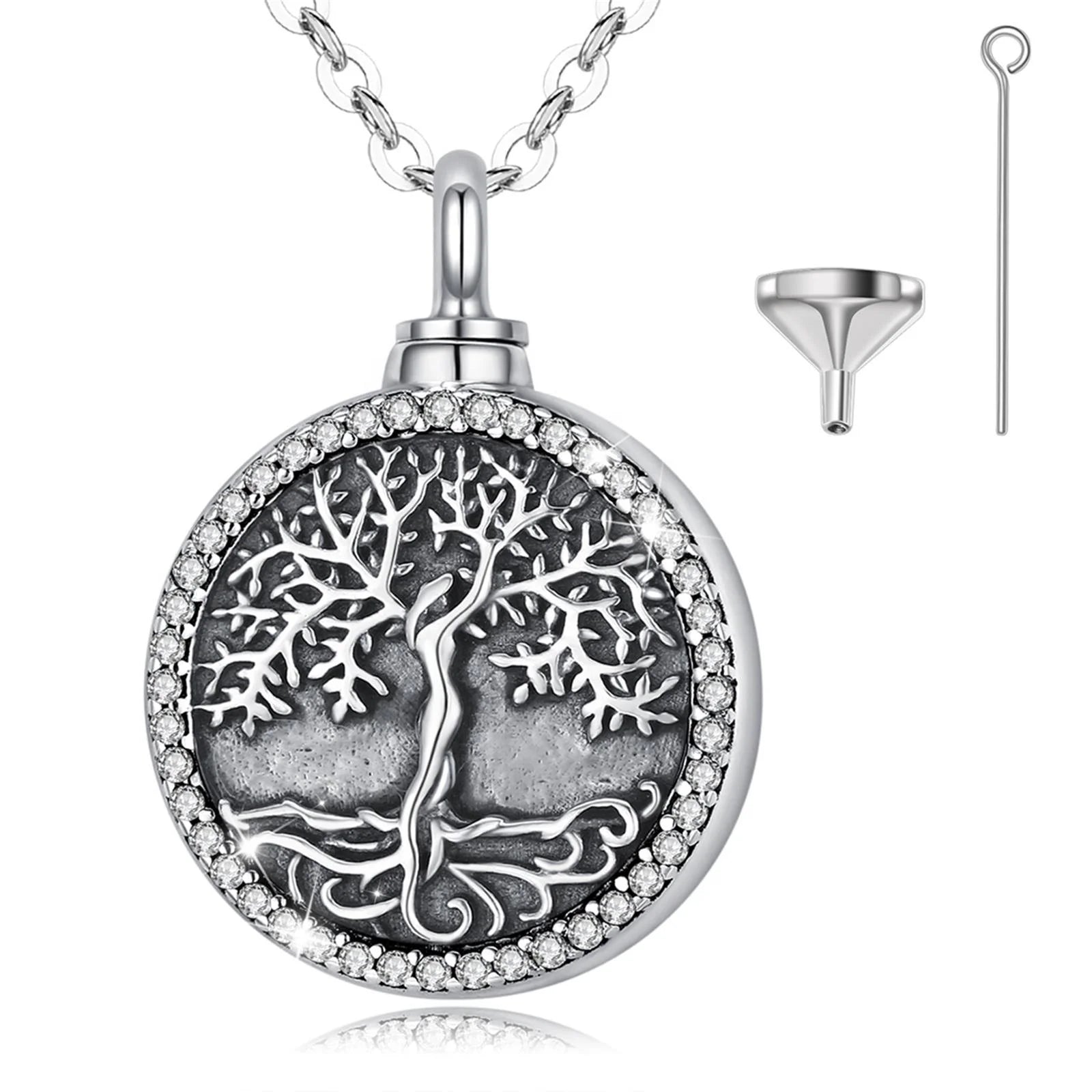 Isunni Cremation Jewelry Life Tree Pattern Relief Circular Design S925 Sterling Silver Vintage Oxidized Urn Locket Necklace