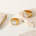Fashion Gold Plated Jewelry 18k Gold Stainless Steel Oval White Shell Signet Rings for Women YF2296