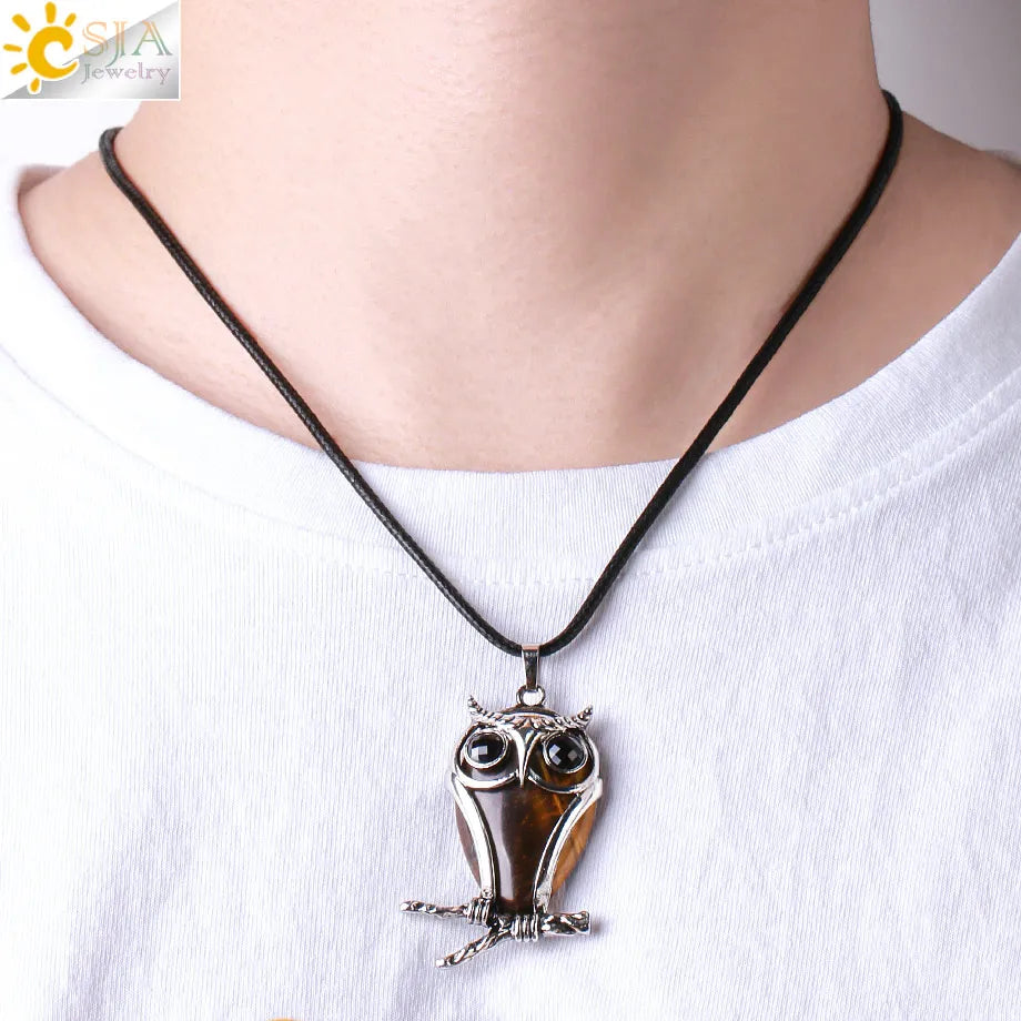 CSJA Wholesale Vintage Natural Stone Tiger Eye Amethyst Spiritual Energy Healing Crystal Owl Pendant Necklace for Men Women H037