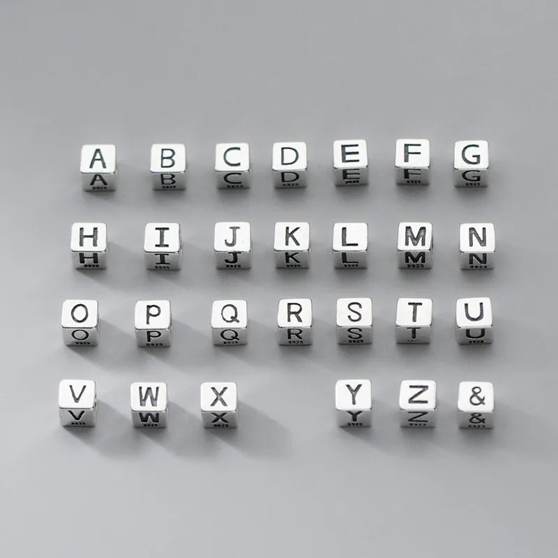 Diy 925 Sterling Silver Cuboid Words Spacer Bead Personalized Initial Letter Square Beads