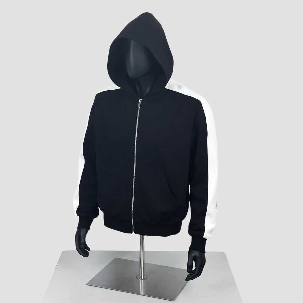 TOPSHOW Men's Black and White Contrast Sleeve Hooded Jacket Contrast Sleeve Casual Zip up Hoodie With Pockets