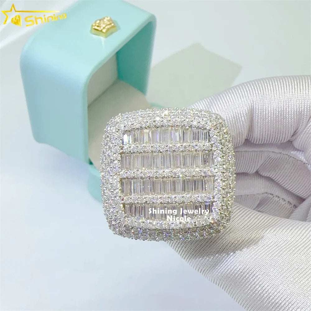 Luxury Bling Fully Iced Out baguette Diamond 925 Sterling Silver Hip Hop Men Moissanite Ring