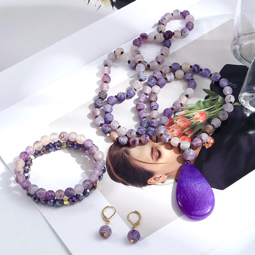 Western Bohemian Style Weathered Natural Stone Necklace Drop Pendant Elastic Bracelet Earring Set