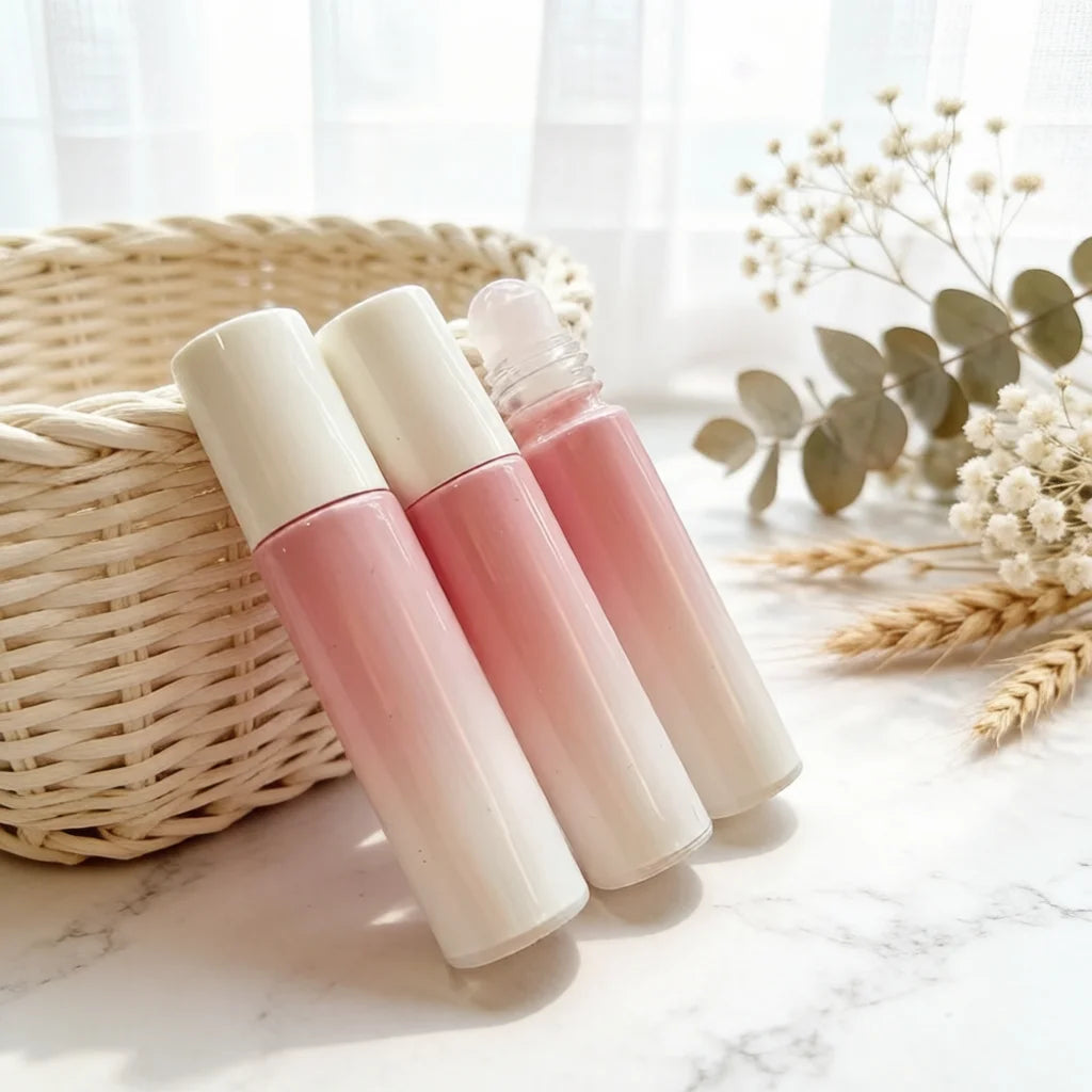 10ml White Pink Gradient Glass Roller Bottle with Rose Quartz Roller Ball Cute Colored Perfume Oil Vials Custom Logo Wholesale