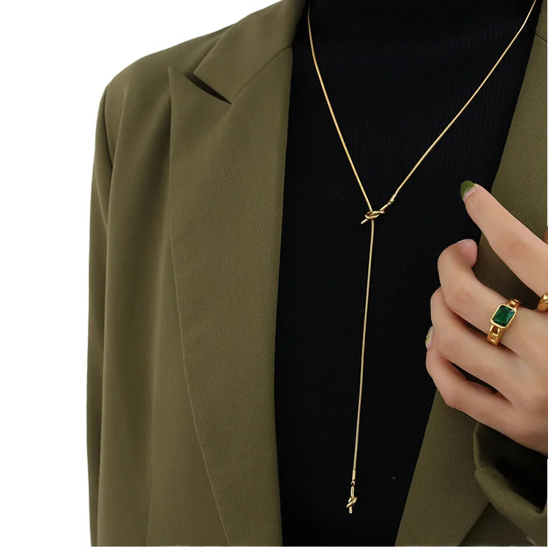 Autumn Winter Women's Long Sweater Chain with Stainless Steel Y Shaped Knot Tassel Necklace Gold Plated Trendy Style for Wedding
