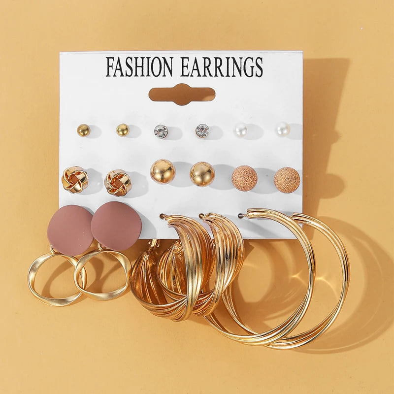 9Pcs/Set Vintage Earrings Set Rhinestone Pearl Earrings Geometric Big Hoop Earrings for Women Jewelry Wholesale