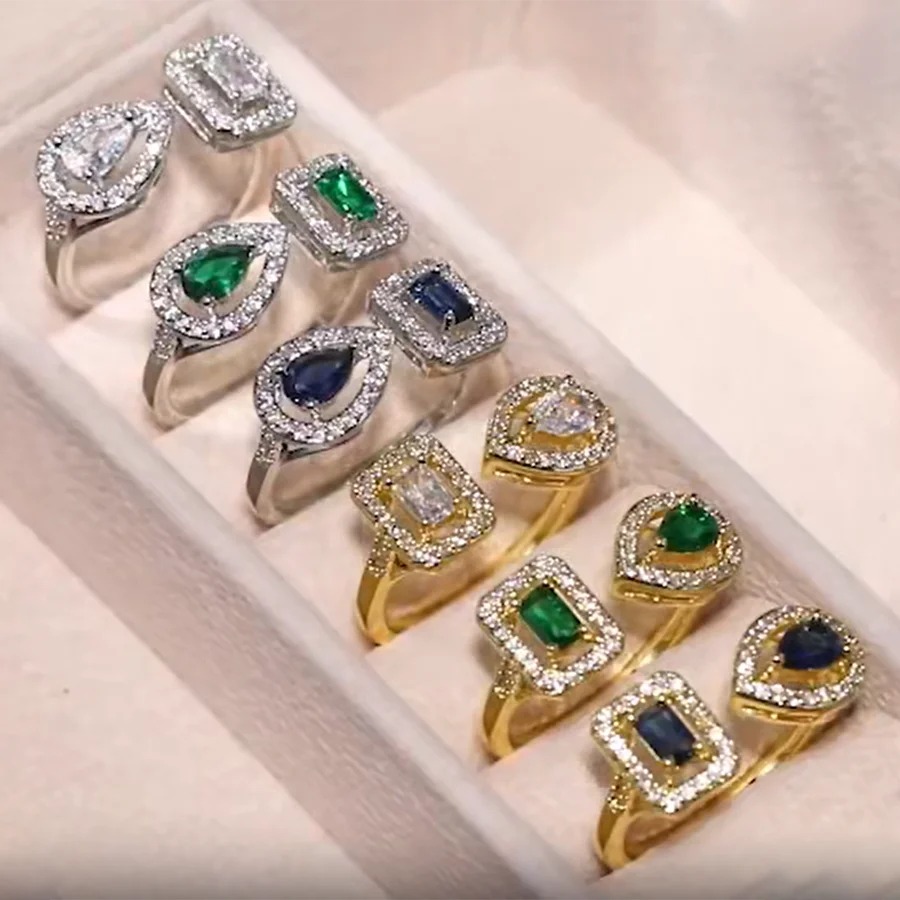 CAOSHI Silver Gold Coating Bling Zirconia Rings Water Drop and Rectangle Women White Green Blue Stone Adjustable Open CZ Rings